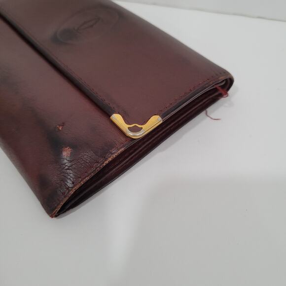 Cartier Vintage Wallet Trifold Leather Bordeaux Red Medium Retro Kisslock Fair - Picture 11 of 11